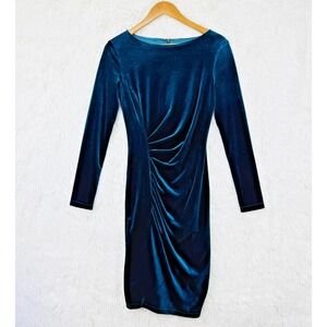 Velvet Ruched Bodycon Dress Womens Small Teal Long Sleeve Back Zip Midi Boatneck